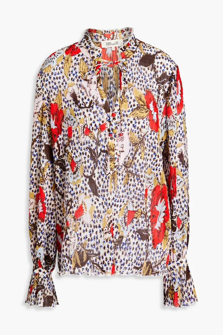 Elton floral-print plissé-chiffon blouse