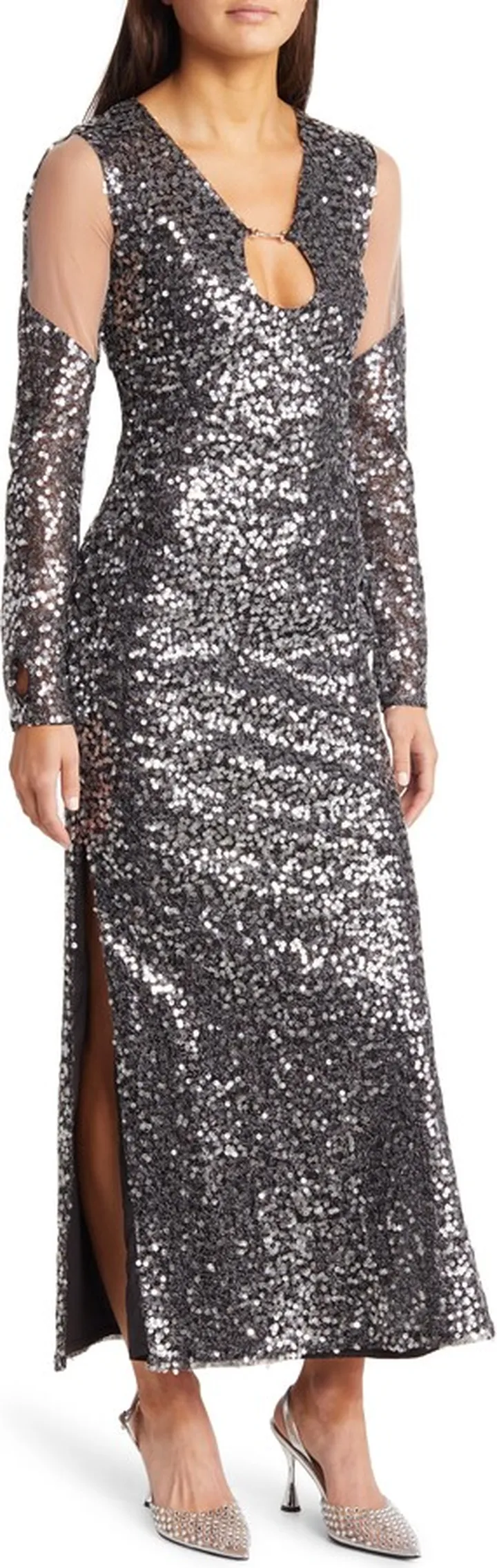 Sheer Panel Long Sleeve Sequin Gown