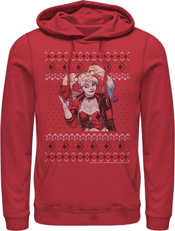 Men's Batman Ugly Christmas Harley Quinn Pull Over Hoodie - Red - 3X Large