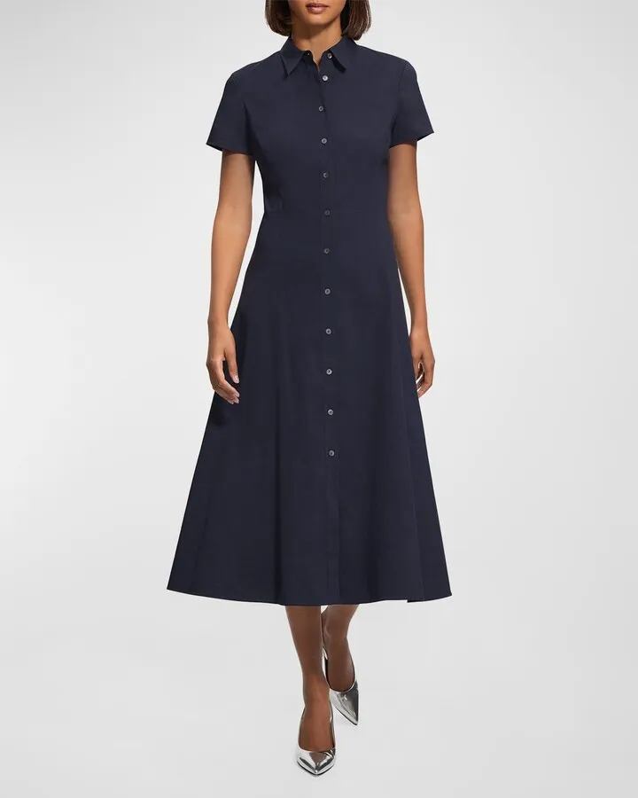 Short-Sleeve Linen-Blend Midi Shirtdress