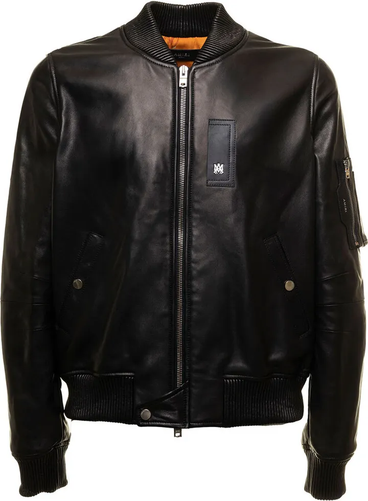 Black Aviator Bomber Jacket In Leather And Knitted Wool Amiri Man