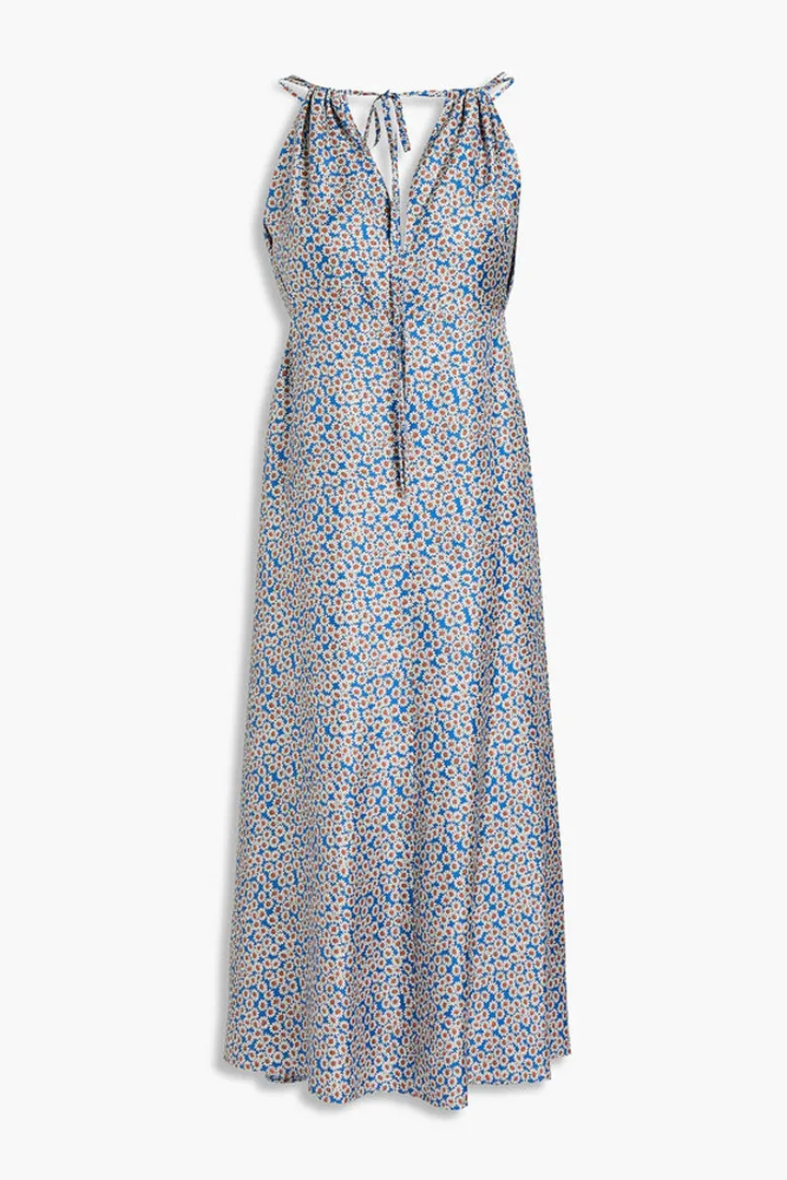 Gathered floral-print silk-twill midi dress