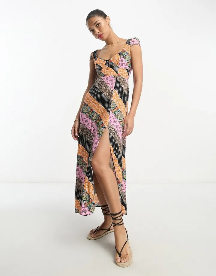 ASOS DESIGN viscose sweetheart neckline slit front midi dress in mixed paisley print