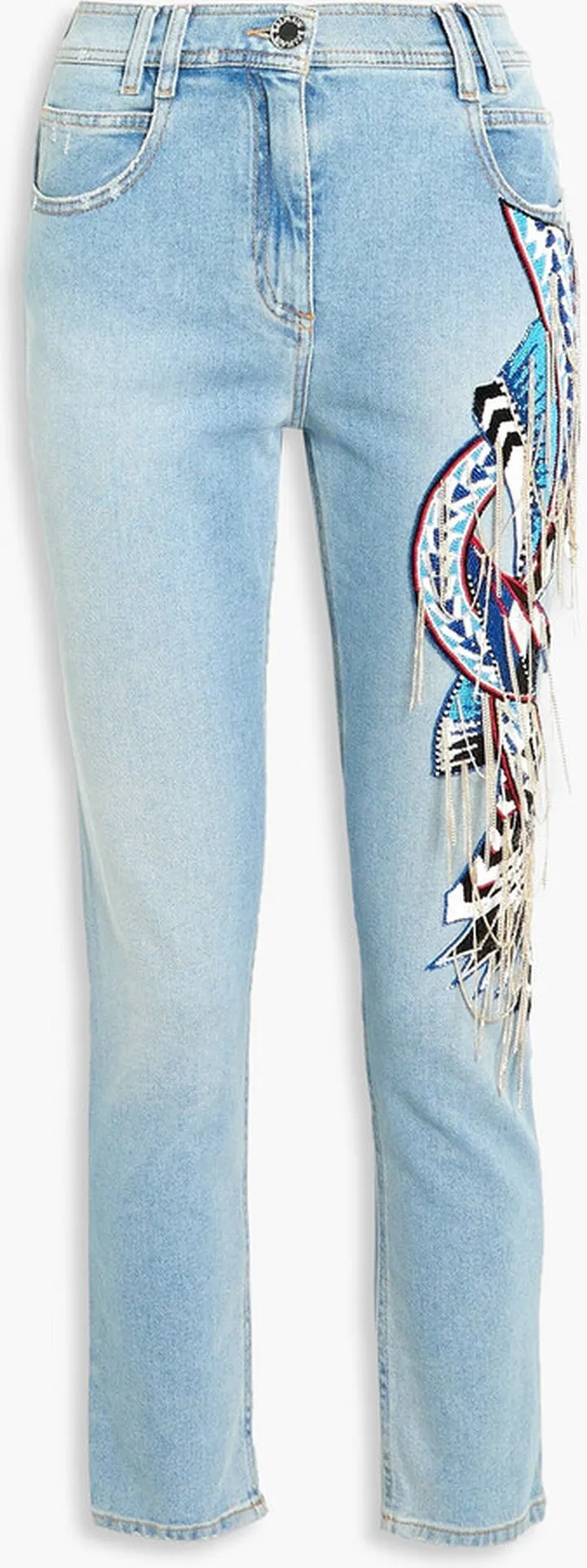 Embellished distressed high-rise slim-leg jeans