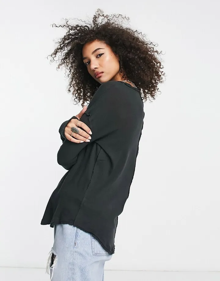 Free People Colby long sleeve jersey top in black