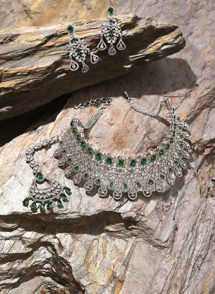 Silver Plated Designer Stone Necklace, Earrings and Maang Tikka Set