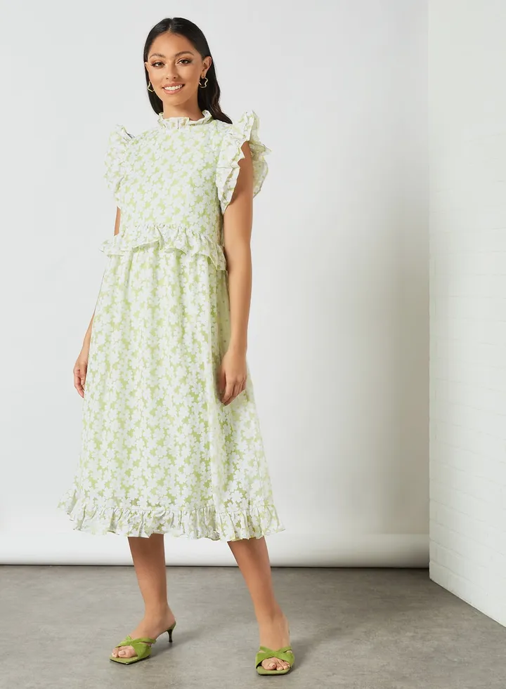 Floral Print High Neck Dress Green