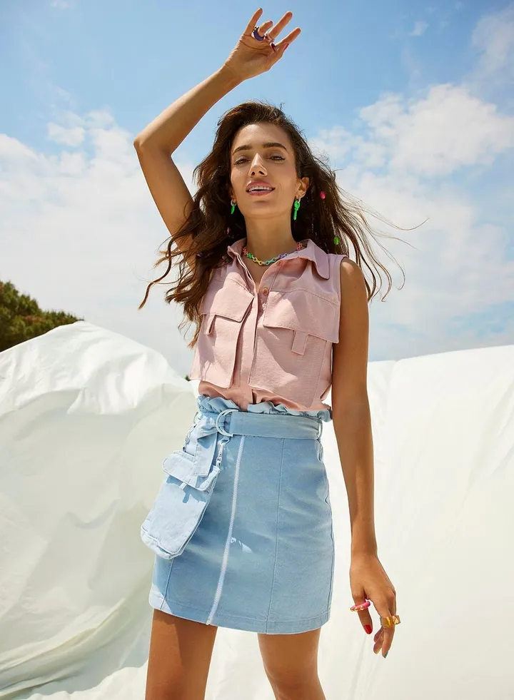 Paperbag Waist Denim Skirt & Mini Bag