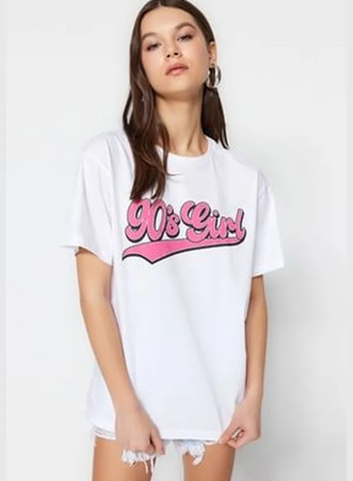 White 100% Cotton Printed Boyfriend Stand Knitted T-Shirt TWOSS23TS00373