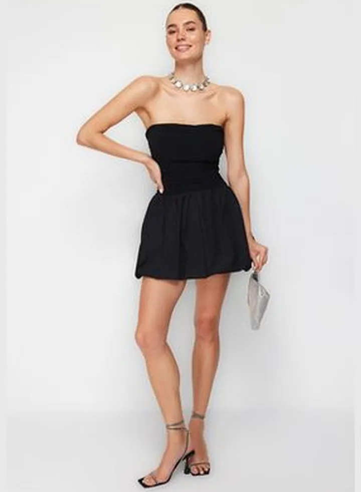 Black Waist Drop/Skater Woven Elegant Evening Dress