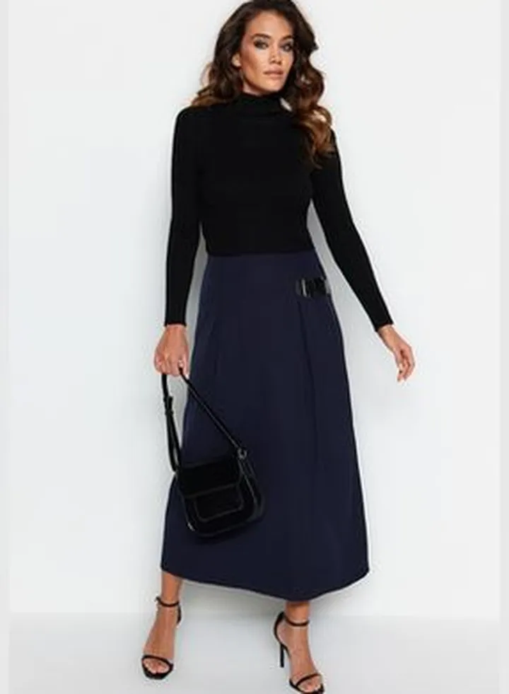 Navy Blue Belt Detailed Woven Skirt TCTAW24EE00014