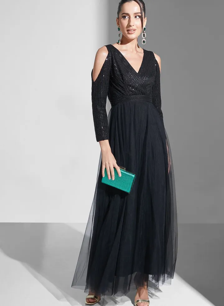 Zena Louay Cold Shoulder Sequined Dress