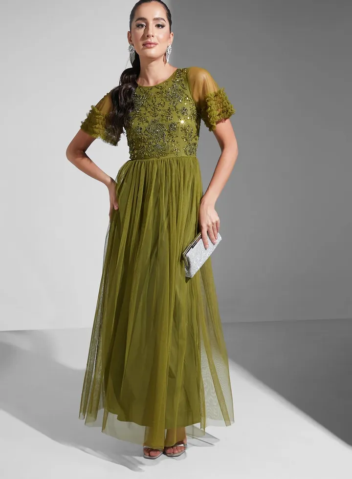 Sequined Bodice Mesh Dress With Ruffle Sleeves
