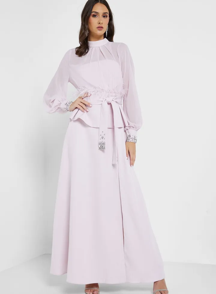 Balloon Sleeve Tie Detail Dress