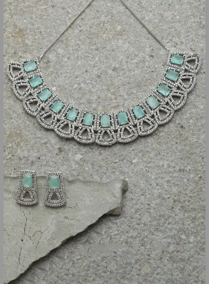 Silver Plated American Diamond and Designer Stone Necklace and Earring Set