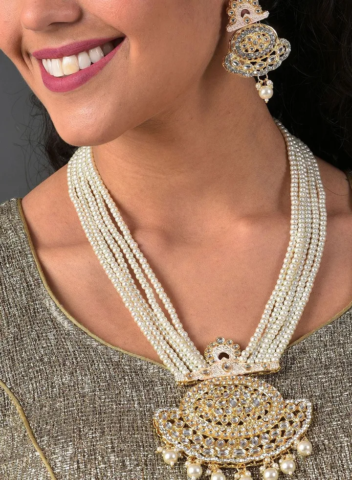 Gold Plated Kundan Pearl Necklace and Earrings Set