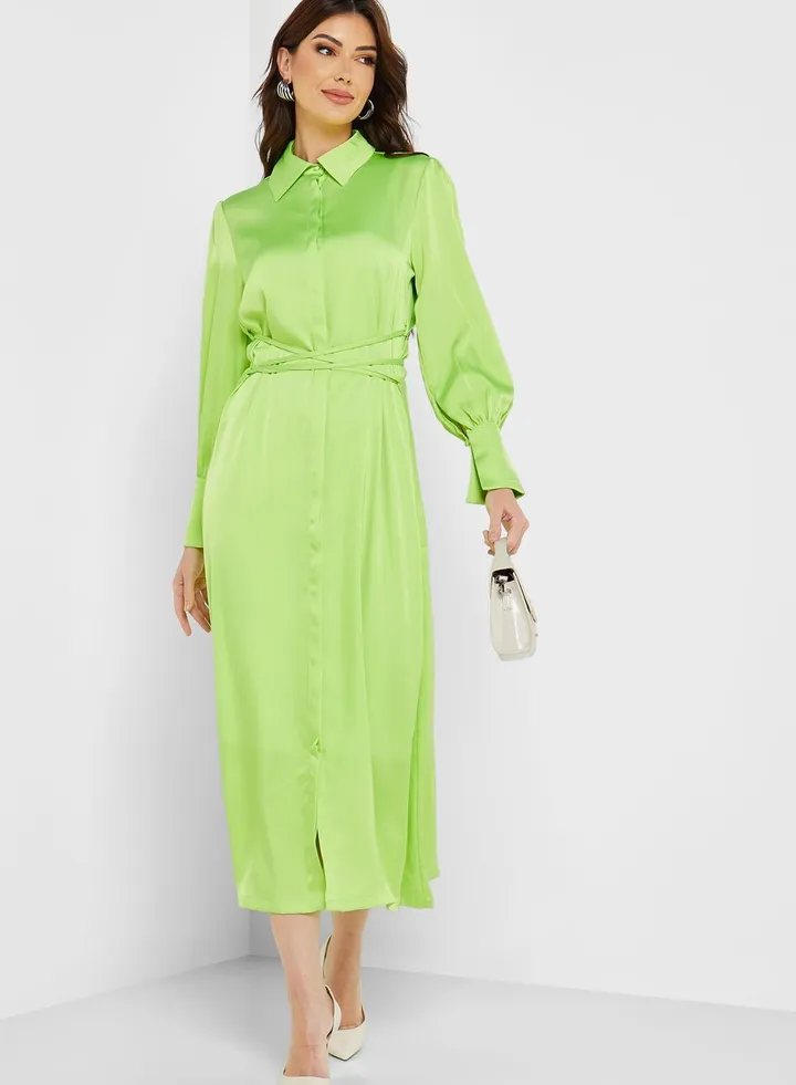 Puff Sleeve Tie Detail Dress