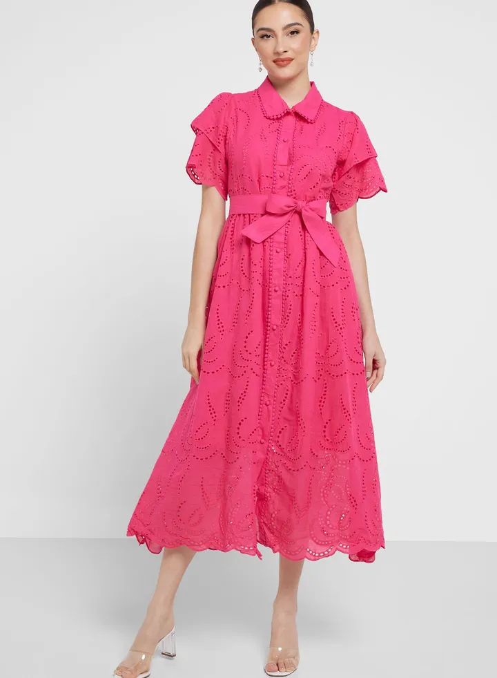 Schiffli Belted Dress