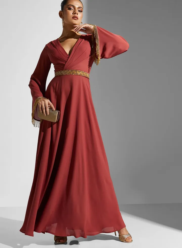 Surplice Neck Belted Dress