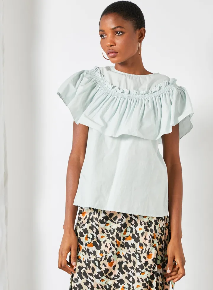 Ruffle Neckline Blouse Aqua Green