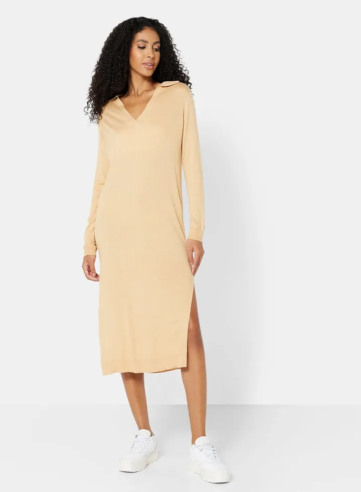 Solid Pattern Midi Dress Beige