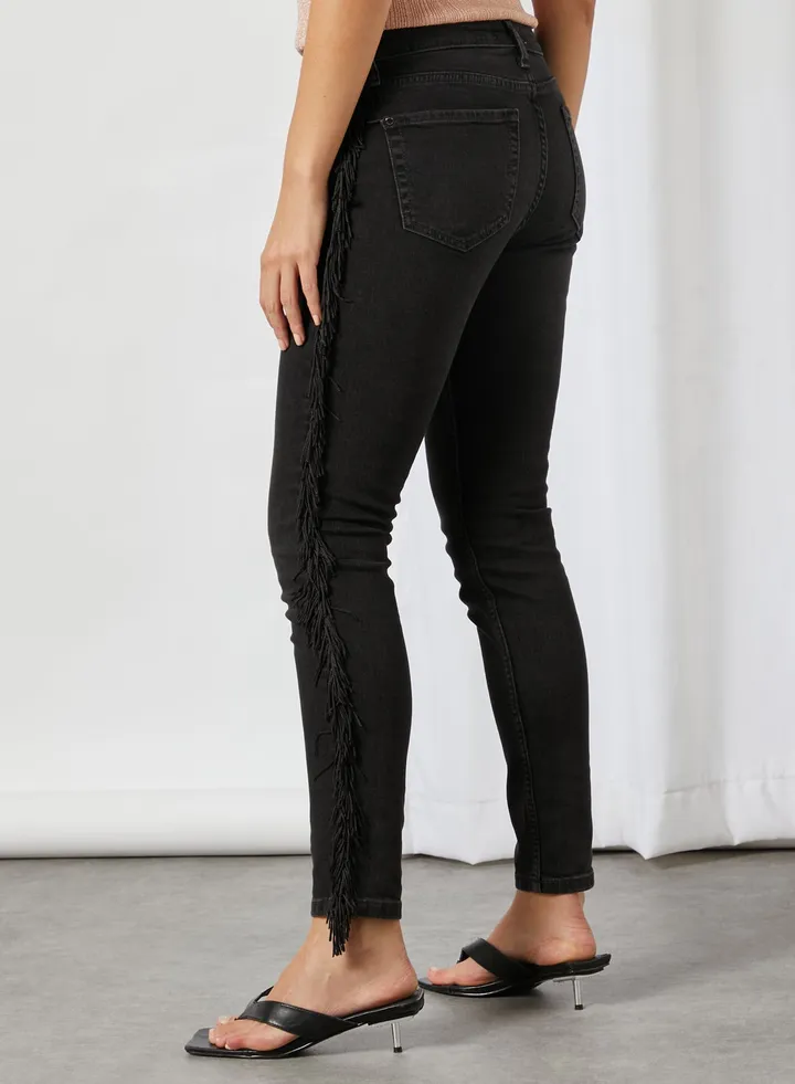 Fringed Side Skinny Jeans Black