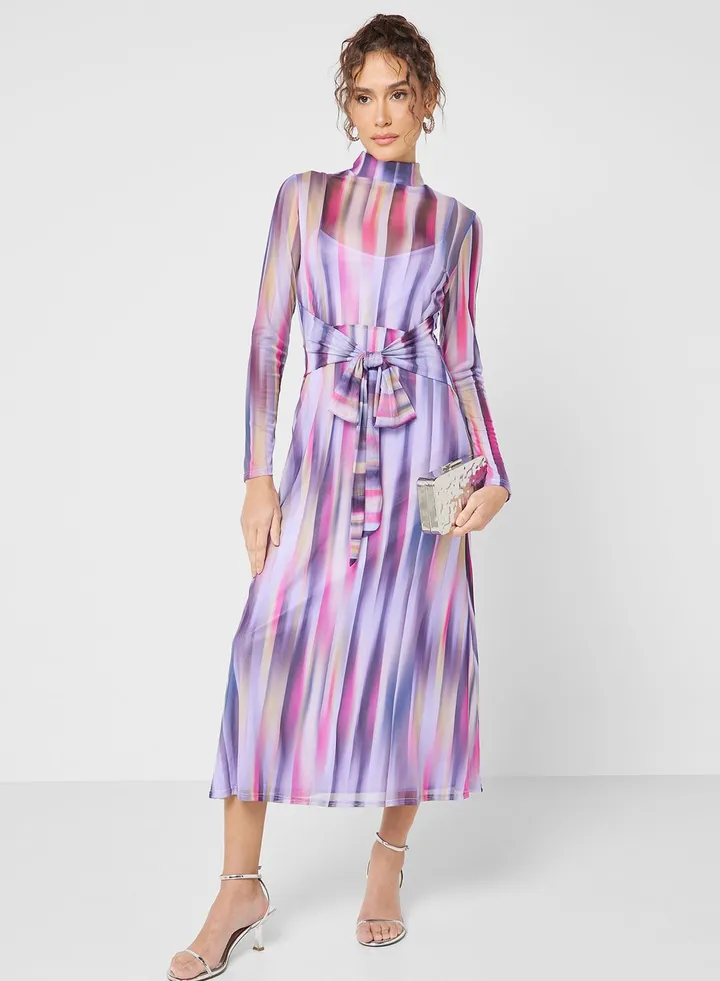 Tie Detail High Neck Dress