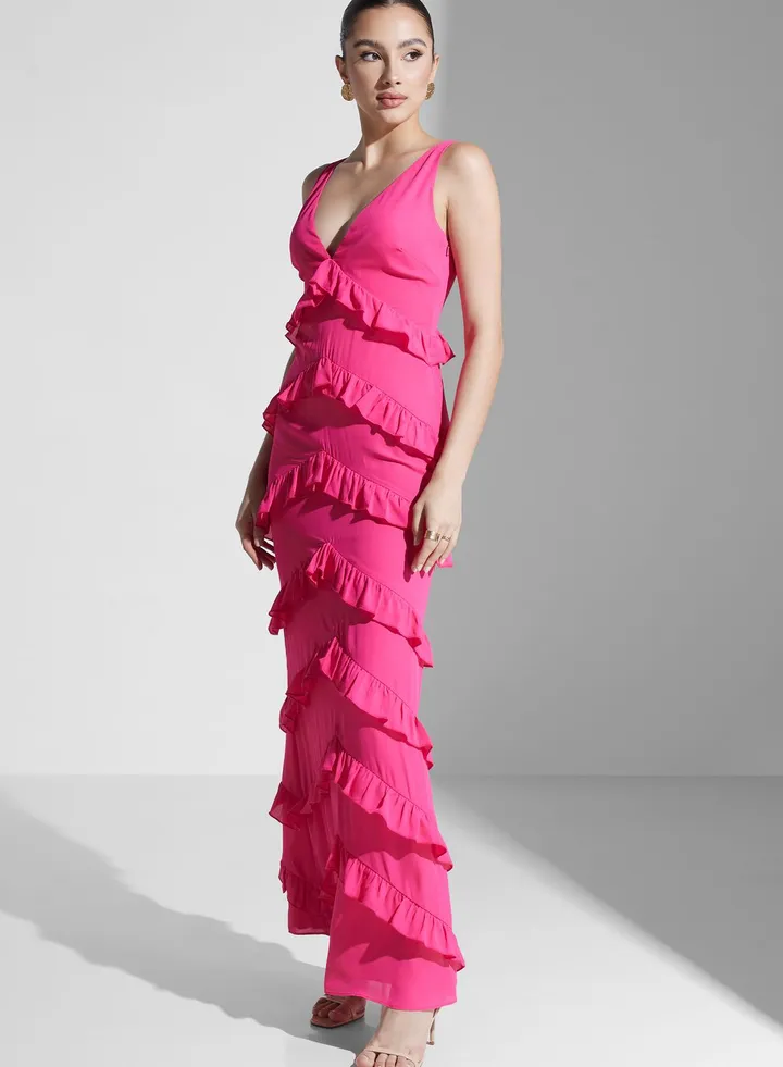 Plunge Neck Ruffle Dress