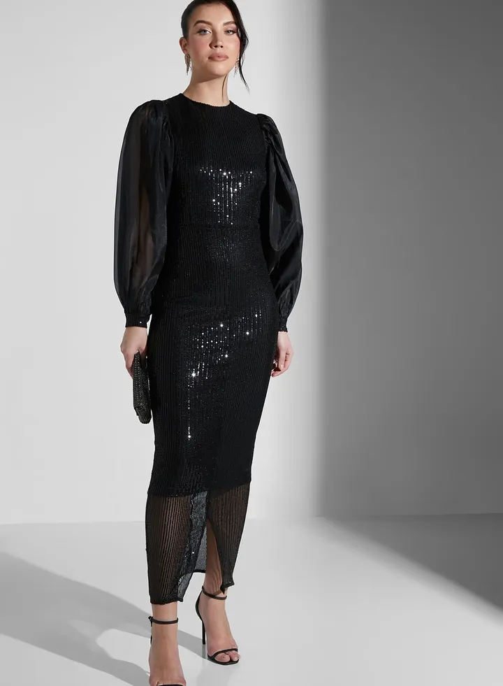 Sheer Puff Sleeve Shimmer Dress
