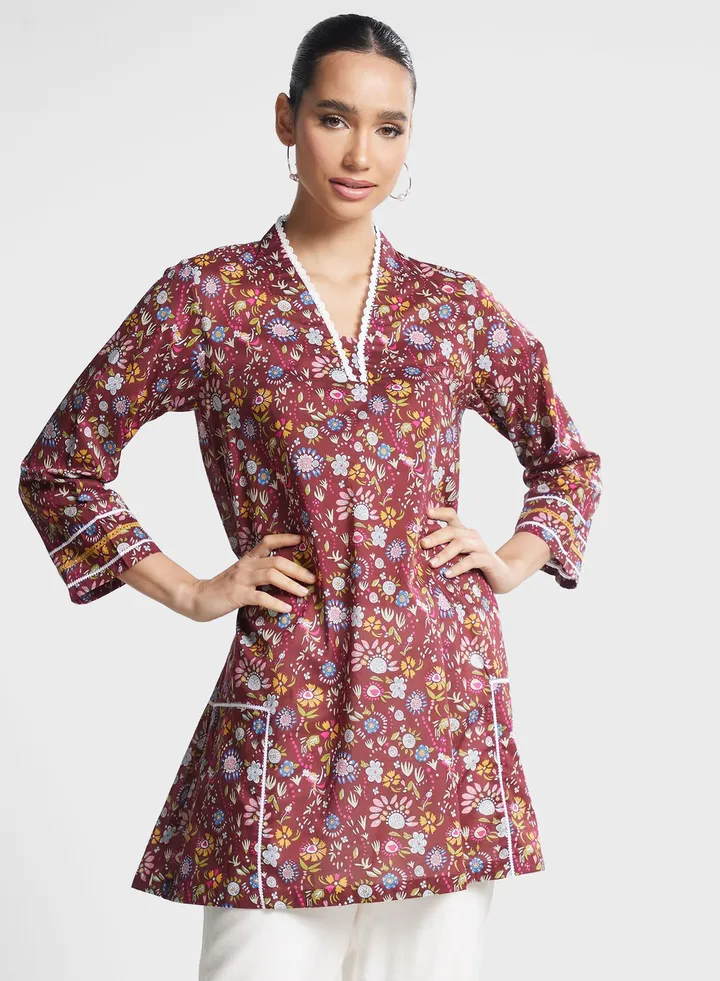 V-Neck Floral Lace Detail Kurti