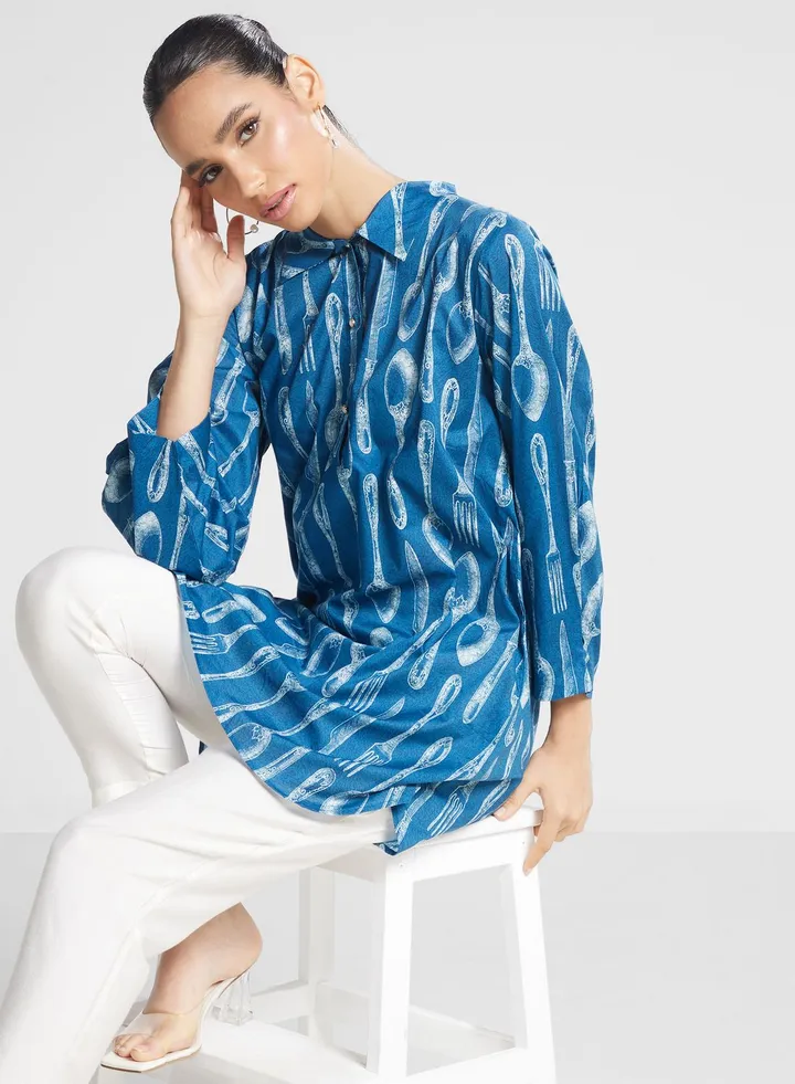 Printed Button Detail shirt Kurti