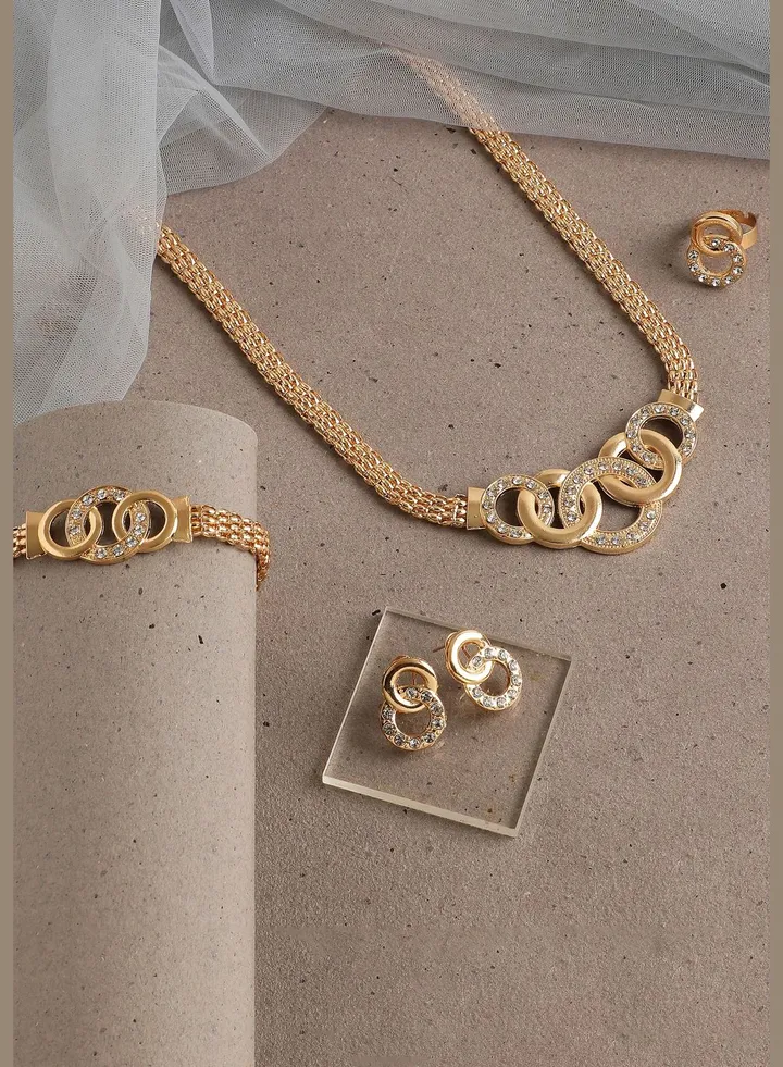 Gold Plated Designer Stone Necklace, Earring, Ring and Bracelet Set