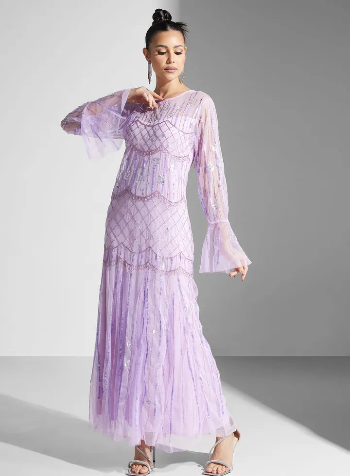 Embellished Dress With Mesh Sleeves