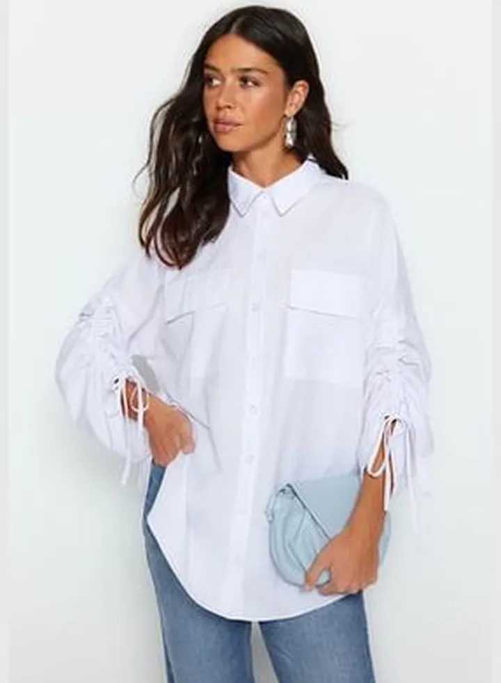 White With Adjustable Shirring Sleeves, Woven Cotton Shirt TCTSS23TG00011