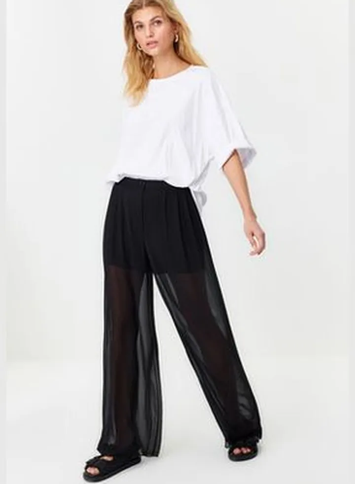 Black Wide Leg Transparent Short Shorts Lined Woven Trousers