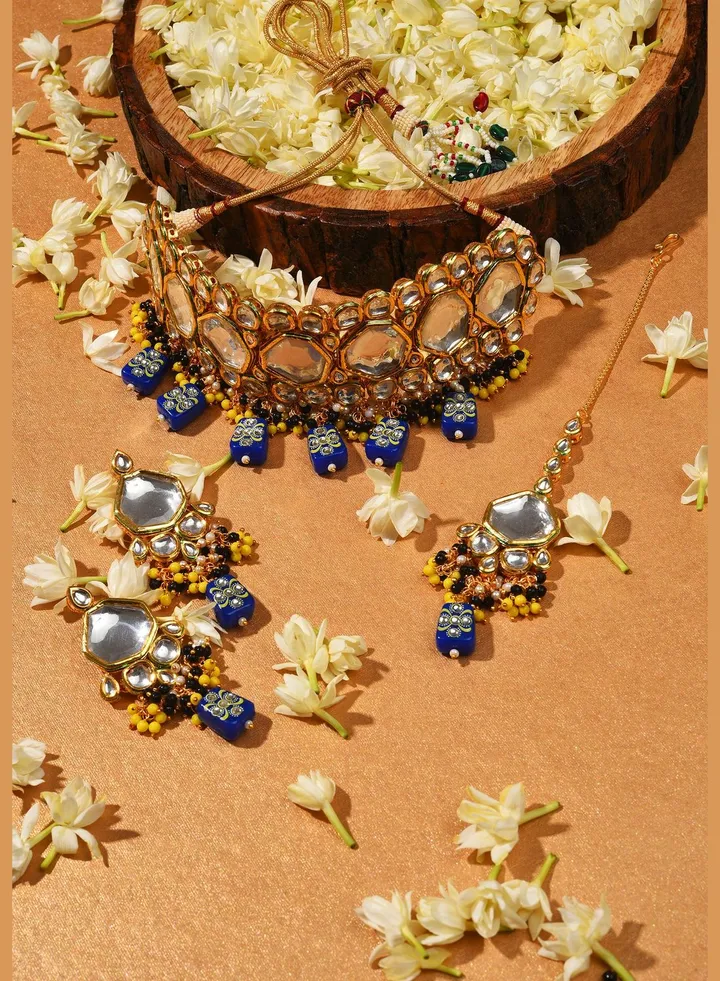 Gold Plated Kundan Beaded Necklace, Earrings and Maang Tikka Set