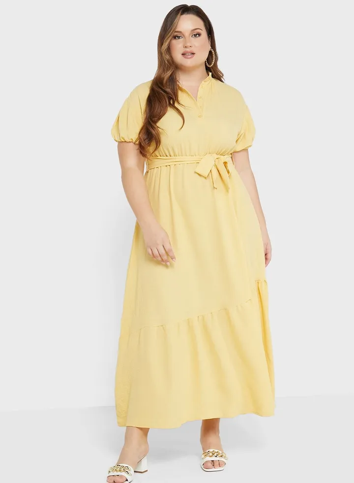 Tiered Belted Puff Sleeve Dress