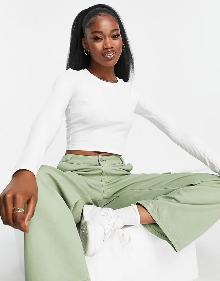 Monki long sleeve top in white