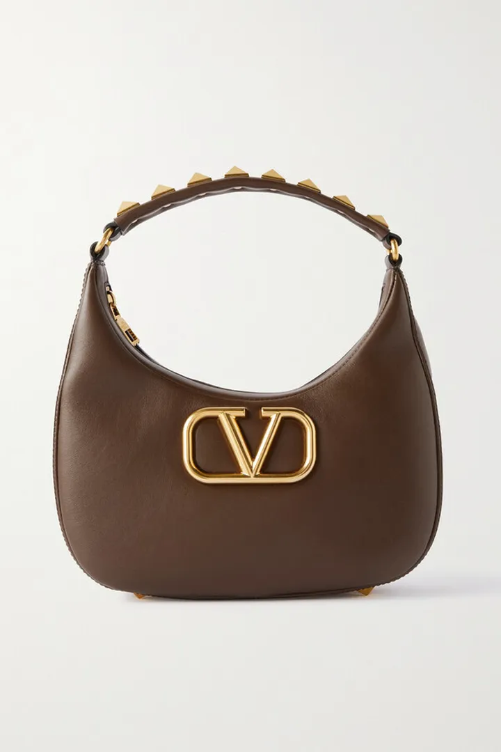 Valentino Garavani - Valentino Garavani Stud Sign Embellished Leather Shoulder Bag - Brown