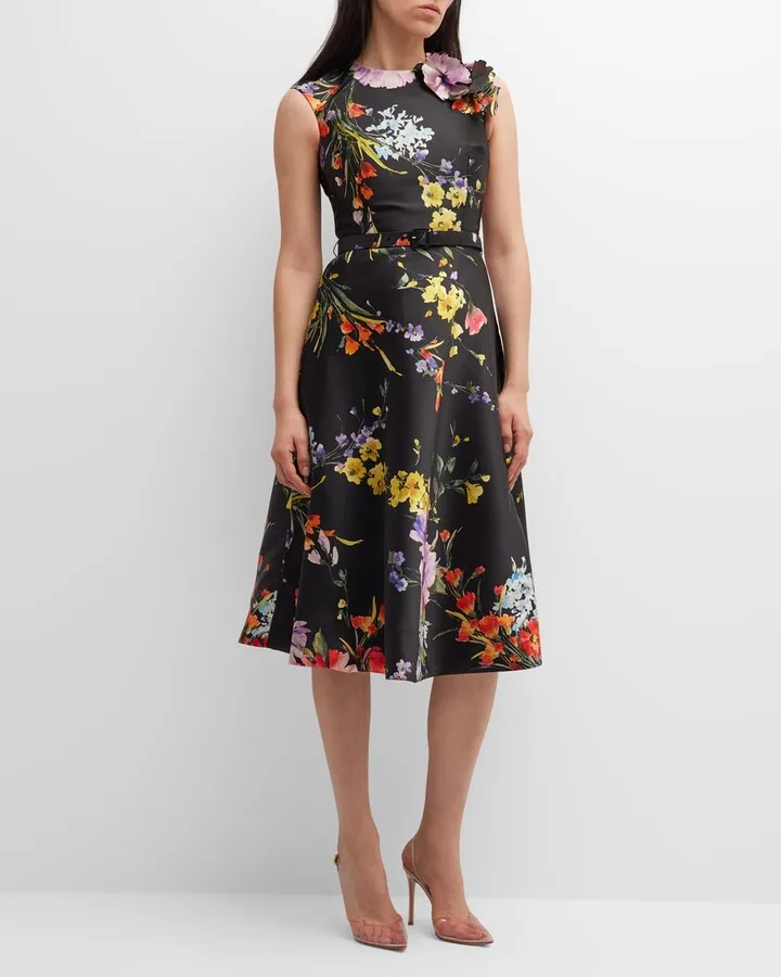 Sleeveless Floral-Print Mikado Midi Dress