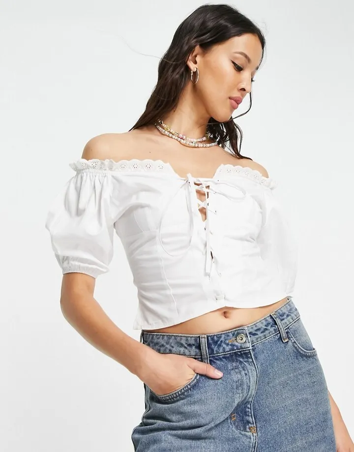 Daisy Street vintage style milkmaid lace trim blouse