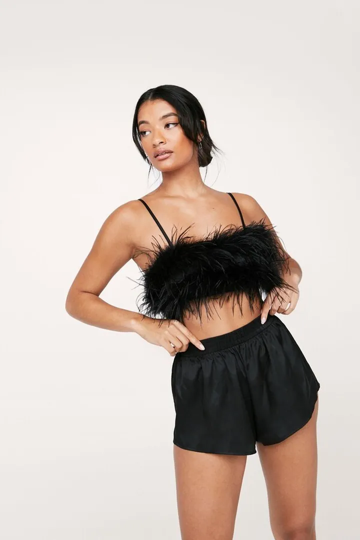 Nasty Gal Womens Satin Feather Cami Top and Short Pajama Set