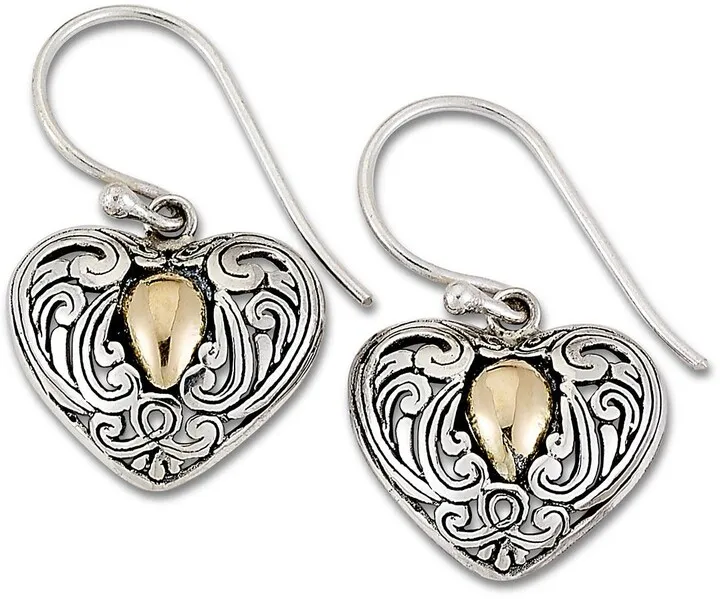 Sterling Silver & 18K Gold Filigree Design Heart Shape Earrings