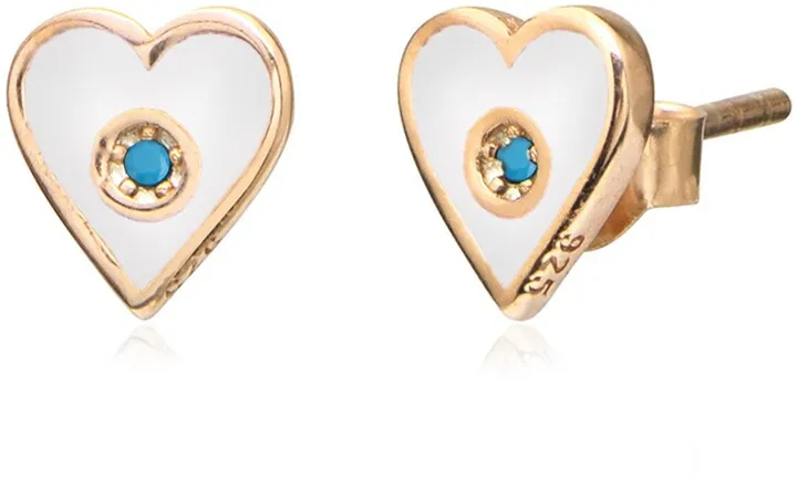 14K Gold Plated Sterling Silver White French Enamel & CZ Heart Stud Earrings