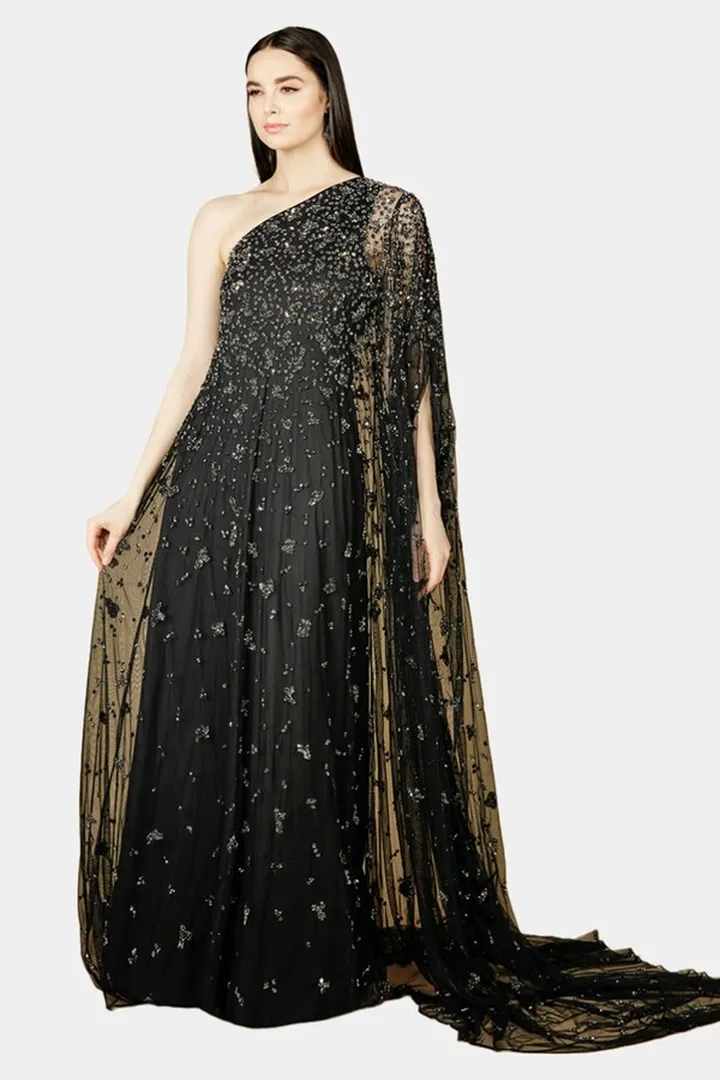 One Shoulder Cape Sleeve Gown