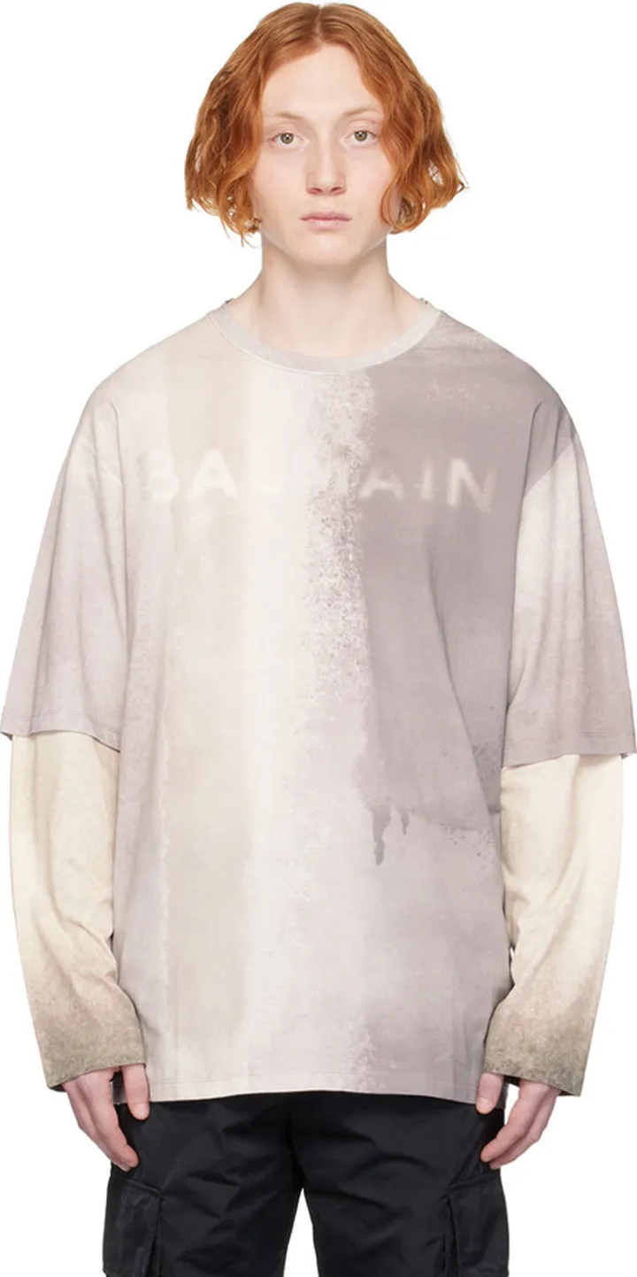 Balmain Gray Printed Long Sleeve T-Shirt