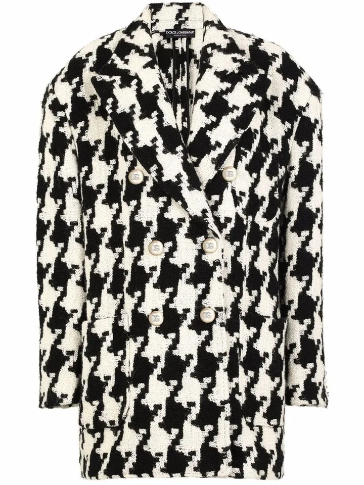 Houndstooth Wool-Blend Coat