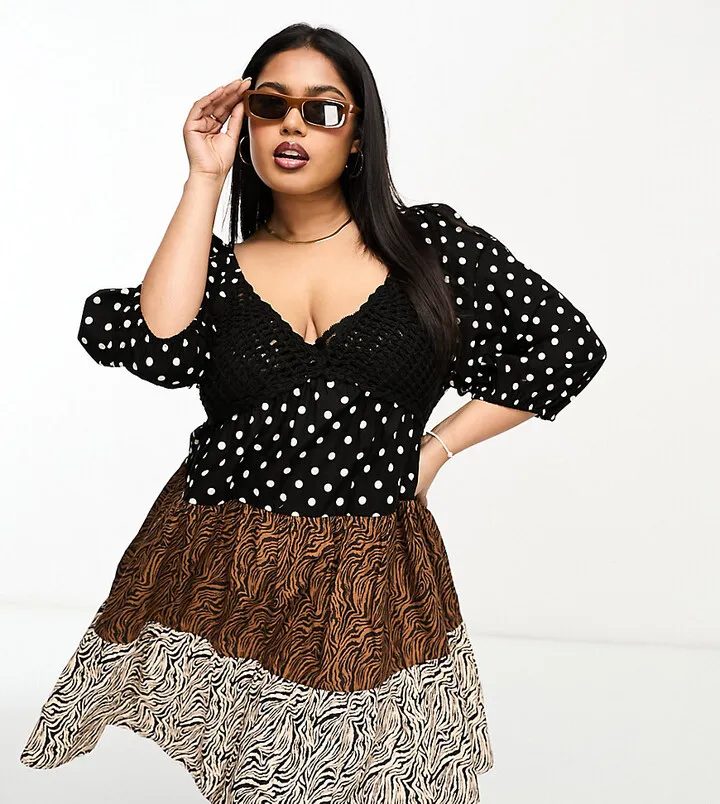ASOS DESIGN Curve crochet tiered babydoll mini dress in mixed animal print