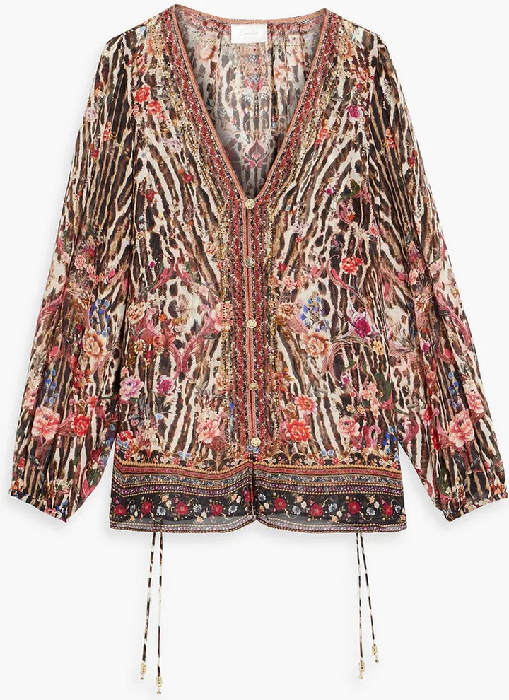 Embellished printed silk-chiffon blouse