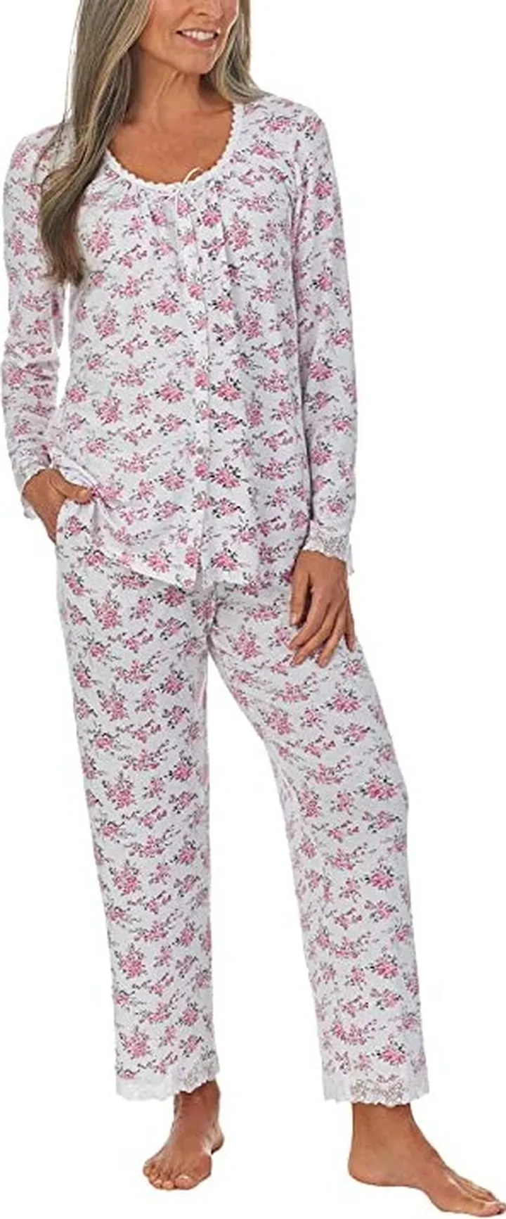 Eileen West Sweater Knit Long Sleeve Pajama Set (White Ground Pink Floral) Women's Pajama Sets